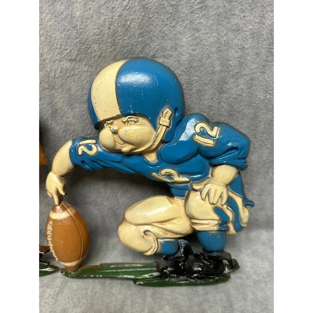 VTG Homco 1975 Football Players Wall Art Blue Red Cast Metal 3 Piece Set 1254